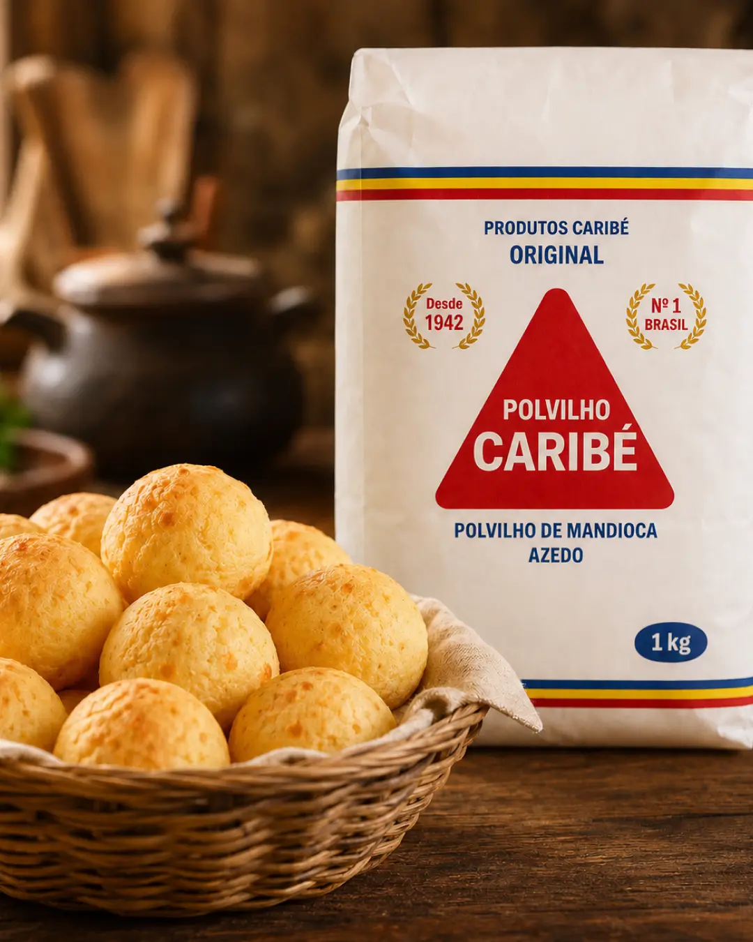 Embalagem de Polvilho Caribé ao lado de uma cesta com pães de queijo