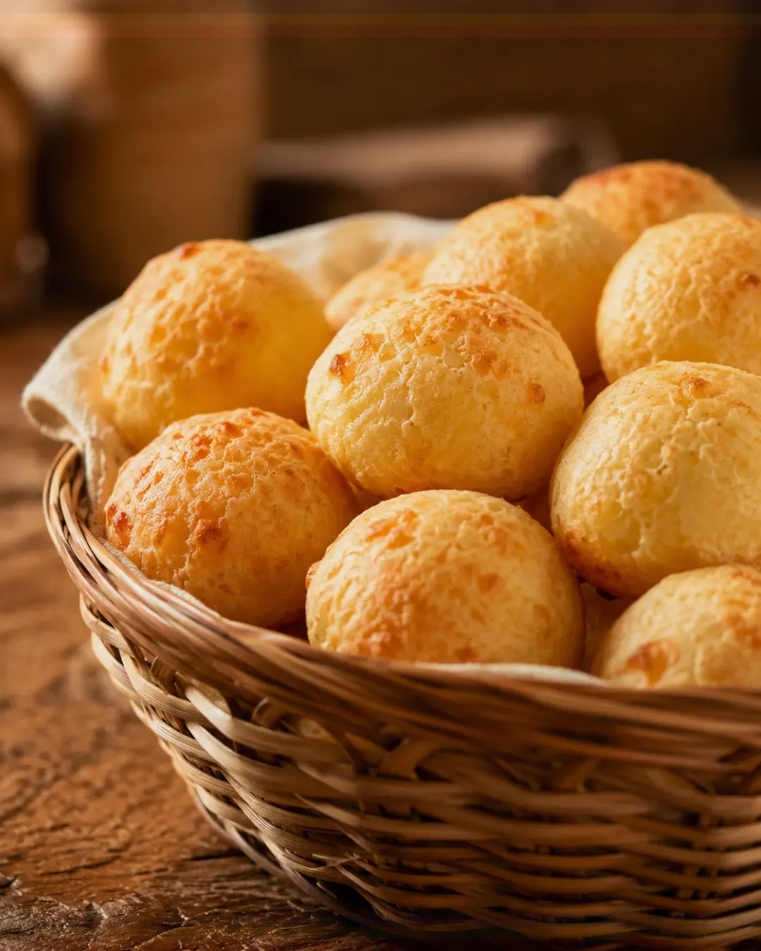 Cesta com pães de queijo assados