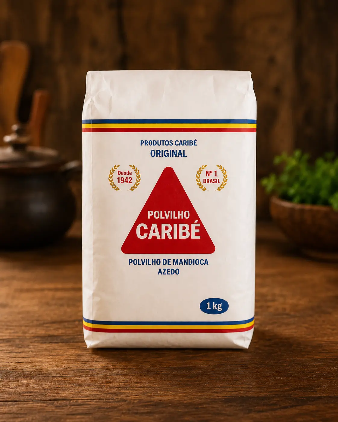 Pacote de Polvilho Caribé centralizado sobre uma mesa de madeira